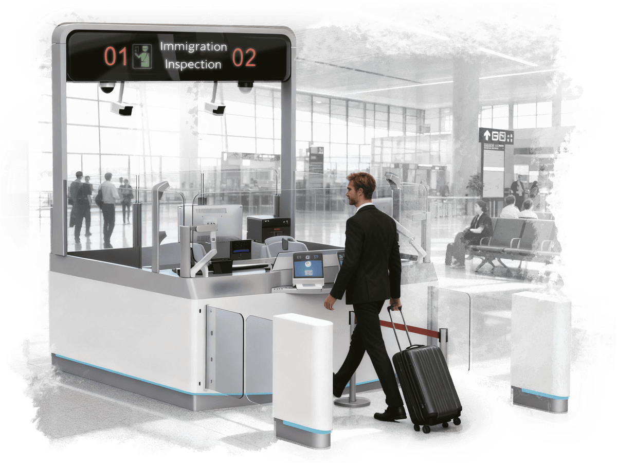 A smart counter in an arrivals hall, with a traveller passing through the eGate