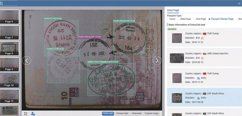 The Travel Document Management System showing a stamps page and the entry and exit seals read from it