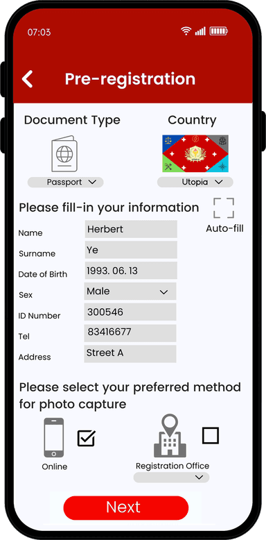 The pre-registration form on the applicant’s phone: document type, country, personal details and where the portrait will be taken